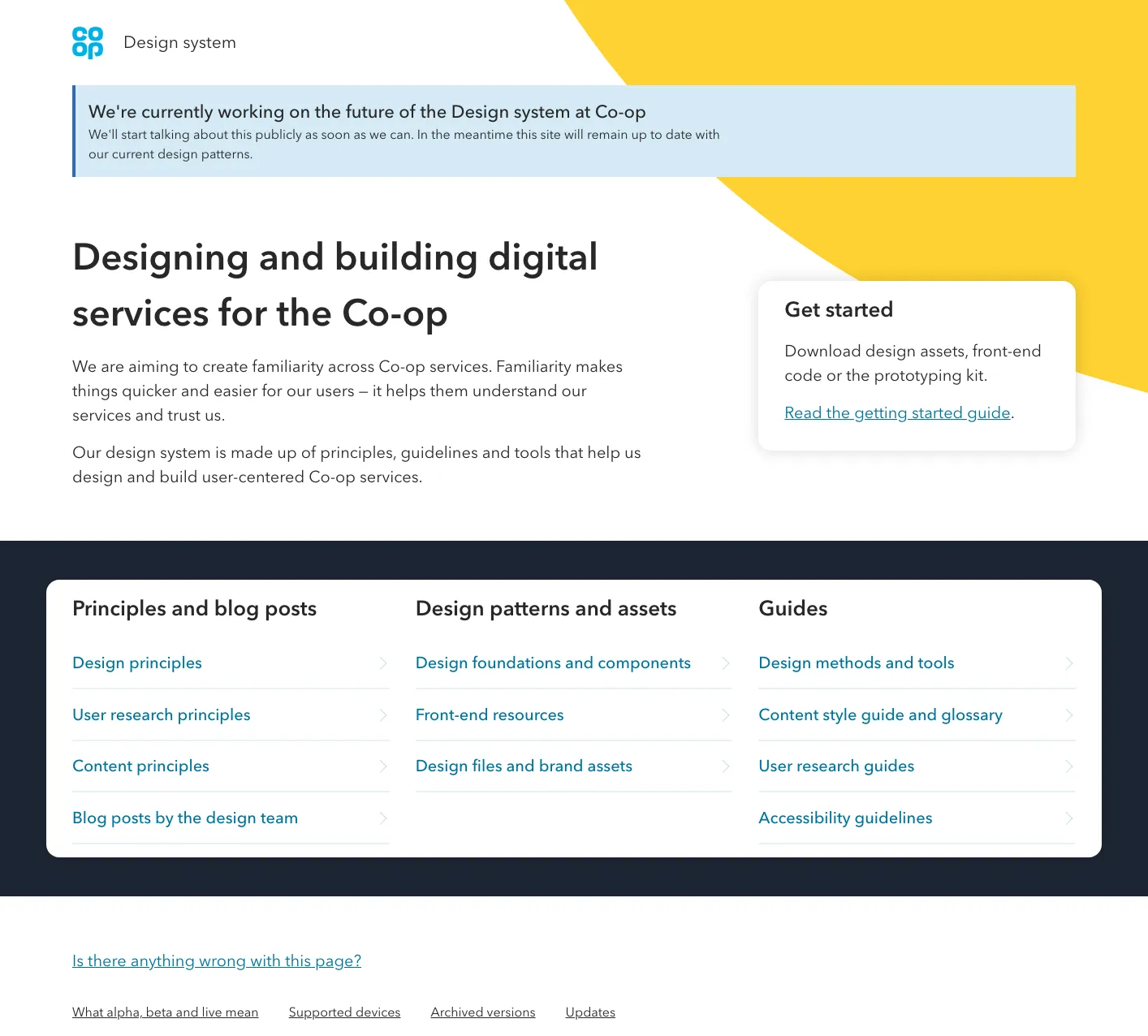 The 2018 Co-op design system home page, headed &lsquo;Designing and building digital services for the Co-op&rsquo;, with a Get started panel for downloading design assets and front-end code, and columns for principles and blog posts, design patterns and assets, and guides.