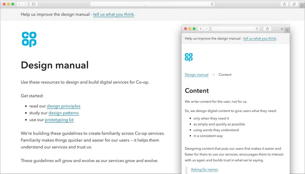 The 2017 Co-op design manual in a browser, headed &lsquo;Design manual&rsquo;, telling colleagues to read the design principles, study the design patterns and use the prototyping kit. A second window behind it shows the Content page.