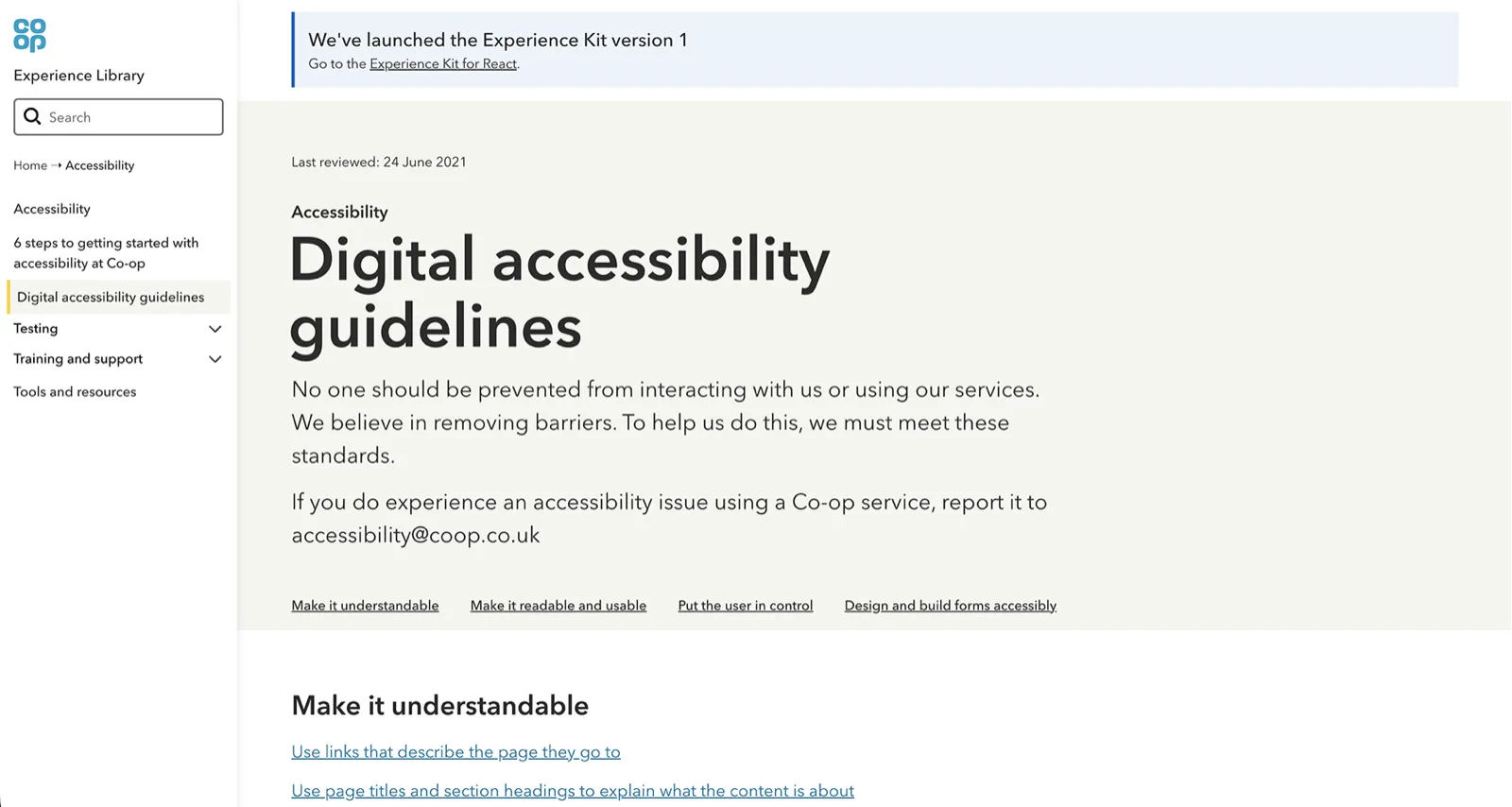 The Digital accessibility guidelines page in the Experience Library: &lsquo;No one should be prevented from interacting with us or using our services. We believe in removing barriers.&rsquo; It is grouped into make it understandable, make it readable and usable, put the user in control, and design and build forms accessibly.