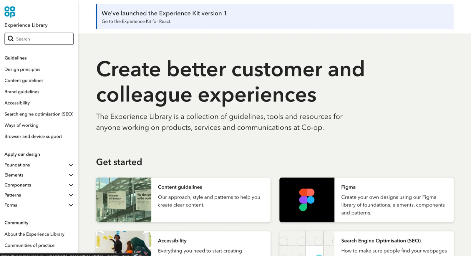 The Co-op Experience Library home page, headed &lsquo;Create better customer and colleague experiences&rsquo; and describing itself as a collection of guidelines, tools and resources for anyone working on products, services and communications at Co-op. A left hand menu lists guidelines, accessibility, ways of working and communities of practice.