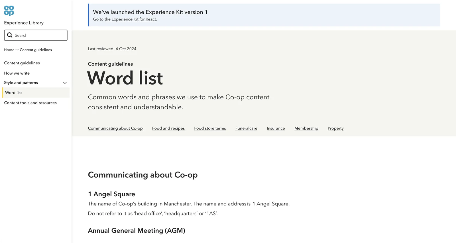 The Word list page in the Experience Library, under Content guidelines: &lsquo;Common words and phrases we use to make Co-op content consistent and understandable&rsquo;, with sections for communicating about Co-op, food and recipes, food store terms, Funeralcare, Insurance, Membership and Property.