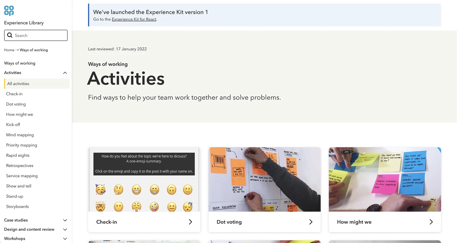 The Ways of working Activities page in the Experience Library, &lsquo;Find ways to help your team work together and solve problems&rsquo;, with cards for Check-in, Dot voting and How might we, each showing a photograph of the activity being run. The menu lists mind mapping, retrospectives, service mapping, storyboards and more.