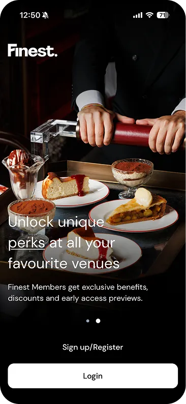 The home screen of the Finest app displayed on an iPhone showing the text Unlock unique perks at all your favourite venues