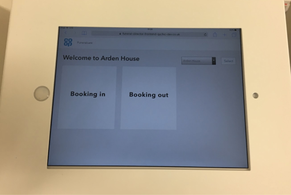 Deceased booking in and out app displayed on an iPad