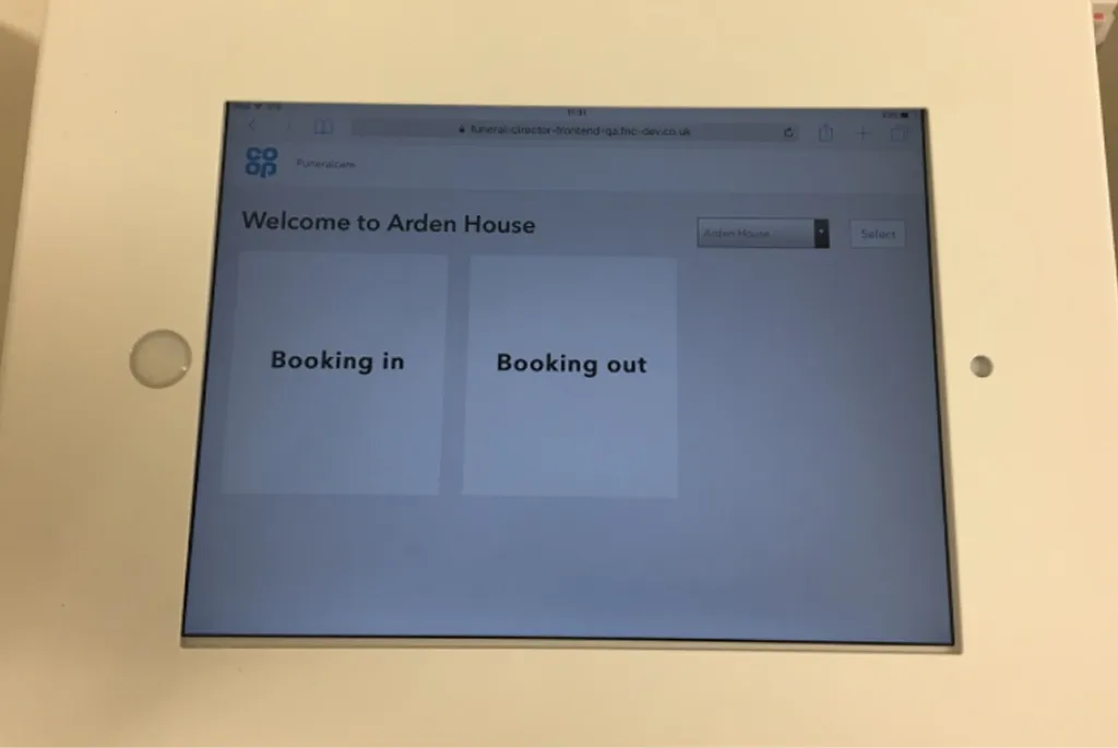 Deceased booking in and out app displayed on an iPad