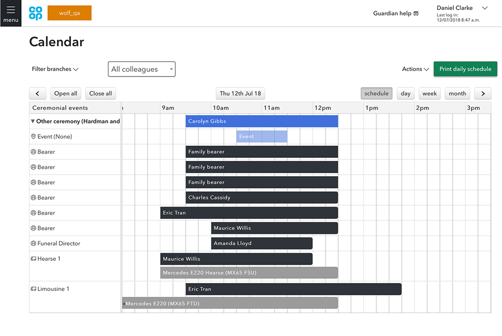 Screenshot of the Guardian funeral scheduler