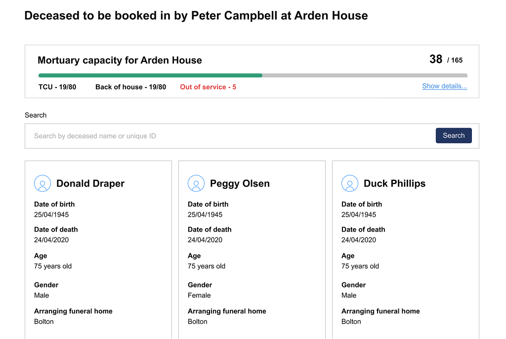 Screenshot of the mortuary booking screen