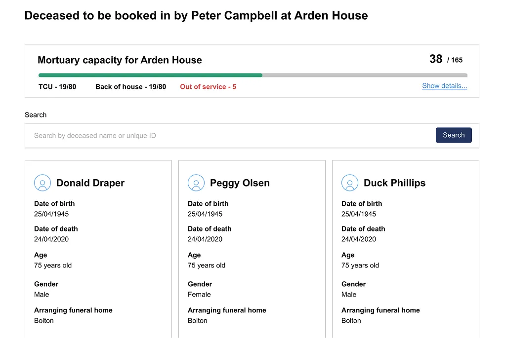 Screenshot of the mortuary booking screen